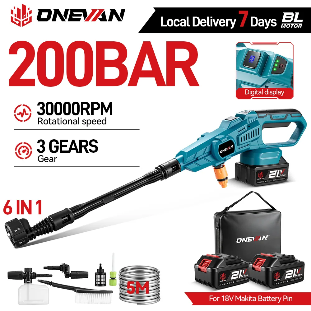 ONEVAN 200Bar Bürstenloser Hochdruckreiniger 6-in-1 Akku-Sprühpistole für Auto- und Gartenreinigung, kompatibel mit Makita 18V Akku