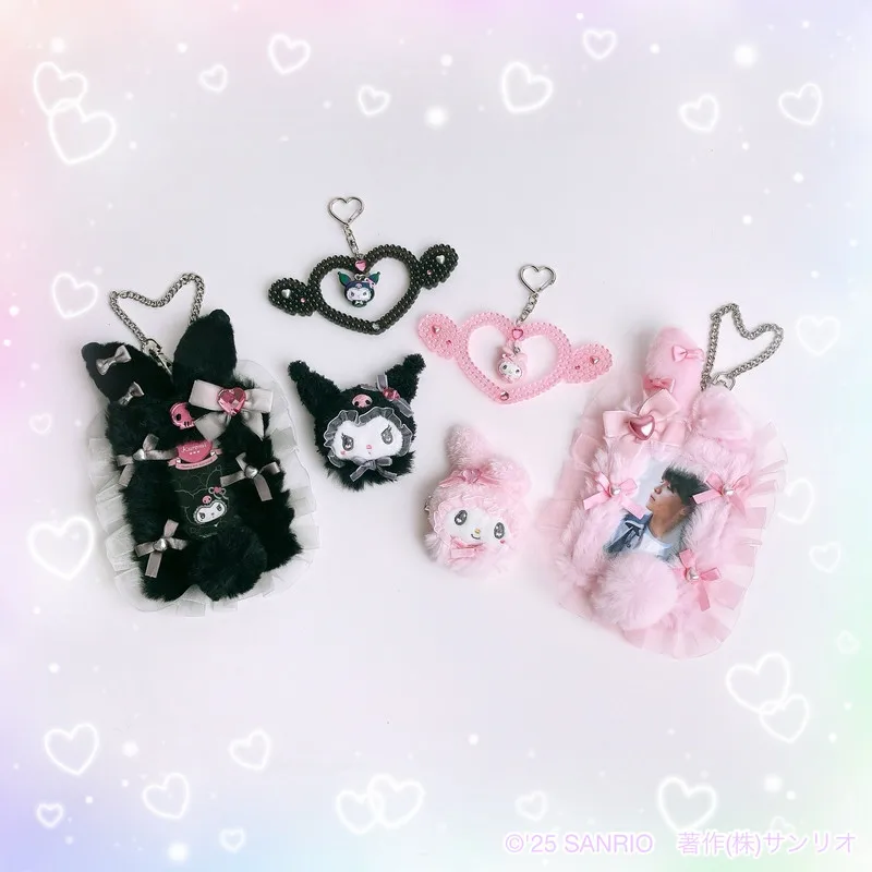 

kawaii Kuromi My Melody Fluffy Plush Keychain Hair Clip Photo Card Holder Bag Charm Heart Shaped Cute Decor For Girls Anime Fans