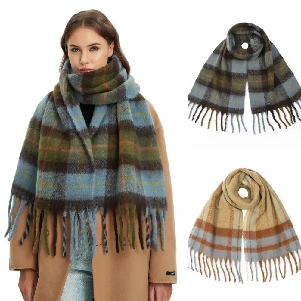 Simple Mohair Plaid Wool Scarf Long Plush Rainbow Tassel Shawl Imitation Cashmere Thick Winter Cashmere Scarves Autumn Winter