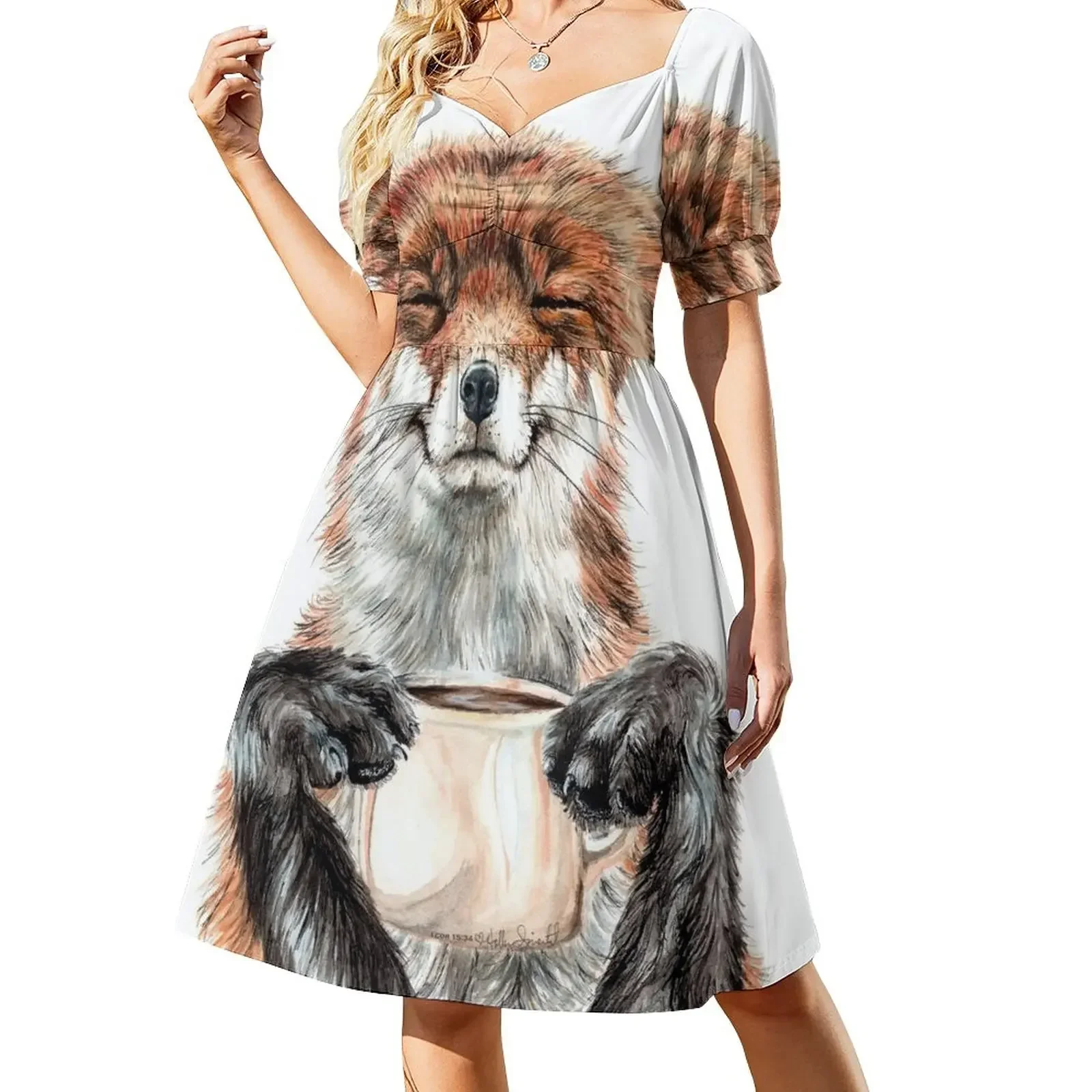

Morning Fox - cute coffee animal Short-Sleeved Dress elegant party dresses for women 2025 Long dress evening dress