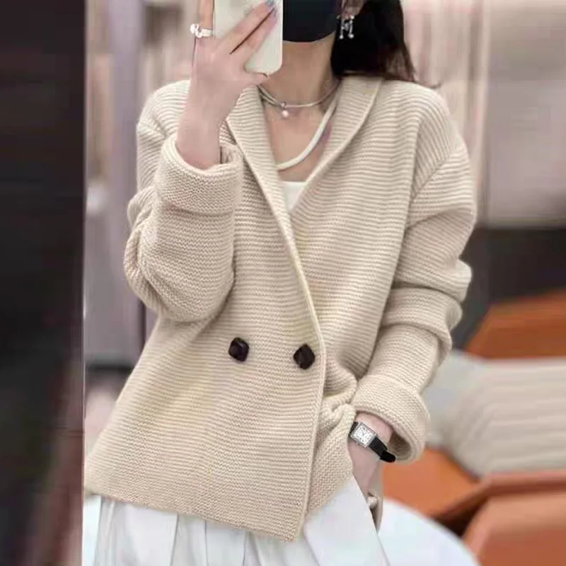 

Winter thicken Sweater autumn Women Long Sleeve Knitted Cardigan Solid Casual double-breasted V-Neck fashion loose Knitwear Coat