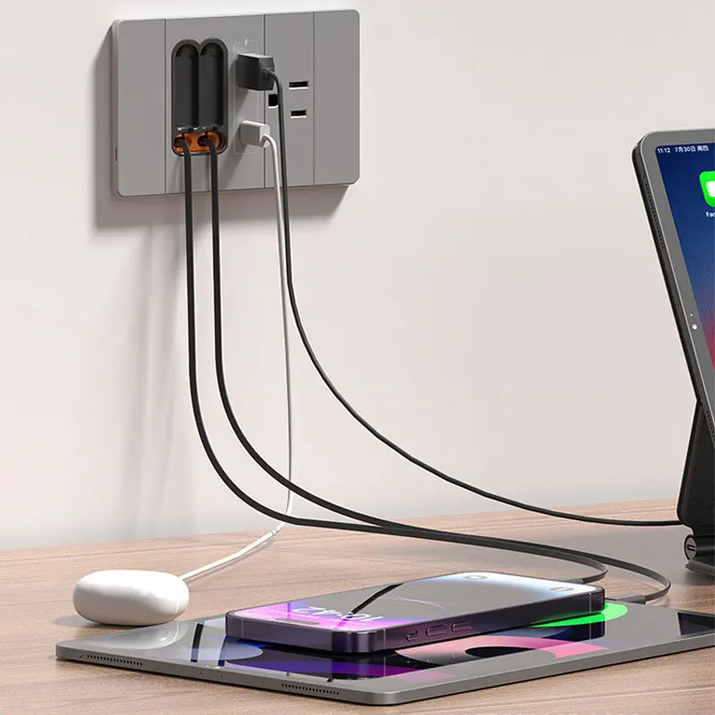 118-Type Wall Socket, Italian/Chilean 16A Round Hole Power Strip, USB Type-C 20W Charging Panel With 75cm Retractable Cable