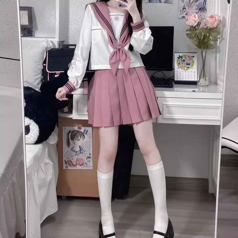 Costume de marin brodé pour fille Gyaru, ensemble uniforme JK à manches courtes et longues, Seifuku, classe japonaise, Anime COS pour femmes