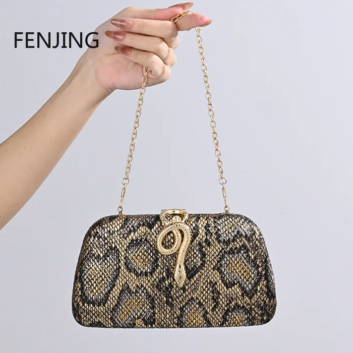 

Винтажный клатч со змеиным принтом, вечерние сумки, женские сумки через плечо с цепочкой через плечо, банкетный кошелек, змеиные сумки люксового бренда