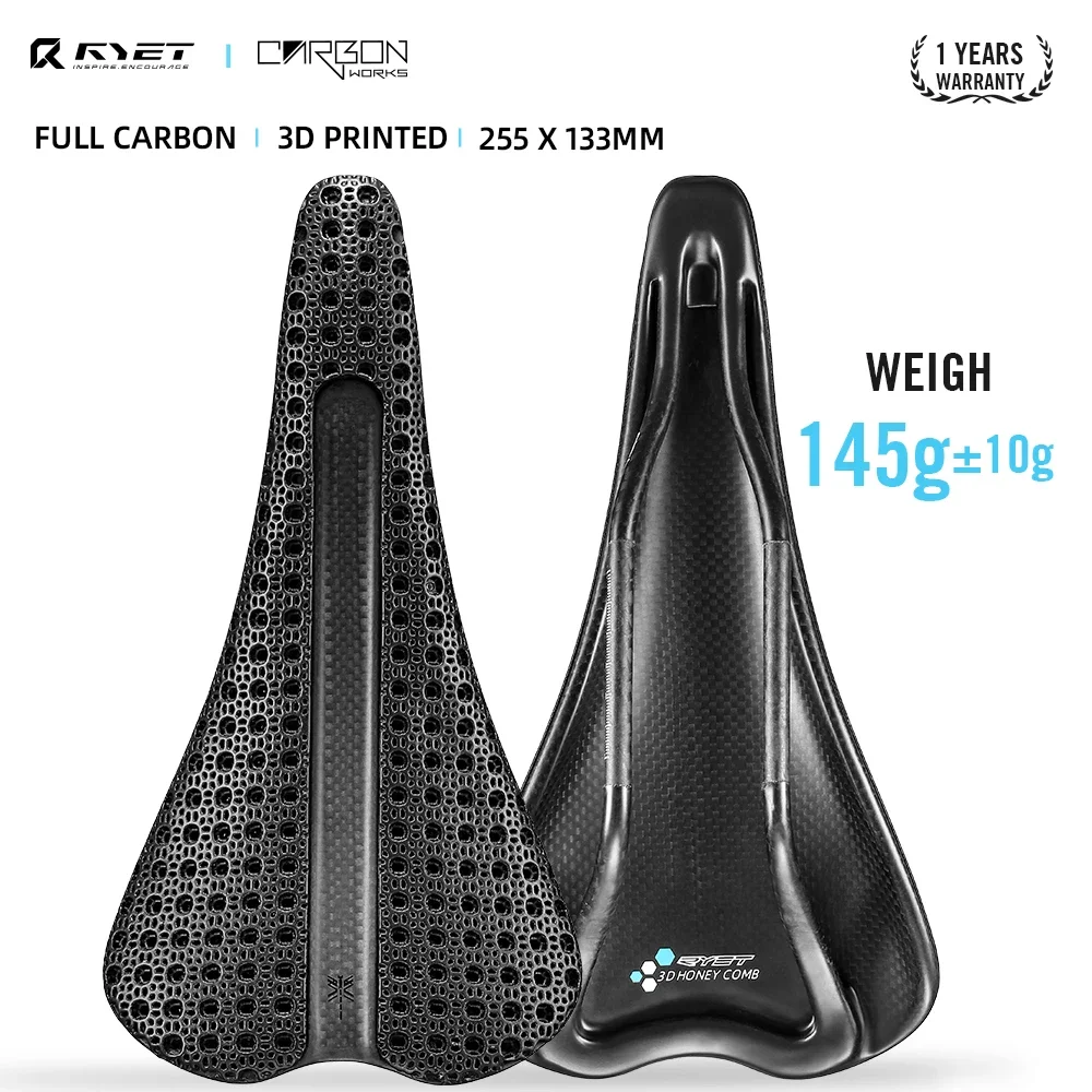 

RYET Full Carbon 3D Printed Carbon Saddle 145g Ultralight 255x133mm Oval 7x9mm Rails Road Mountain Gravel Bike Off Road