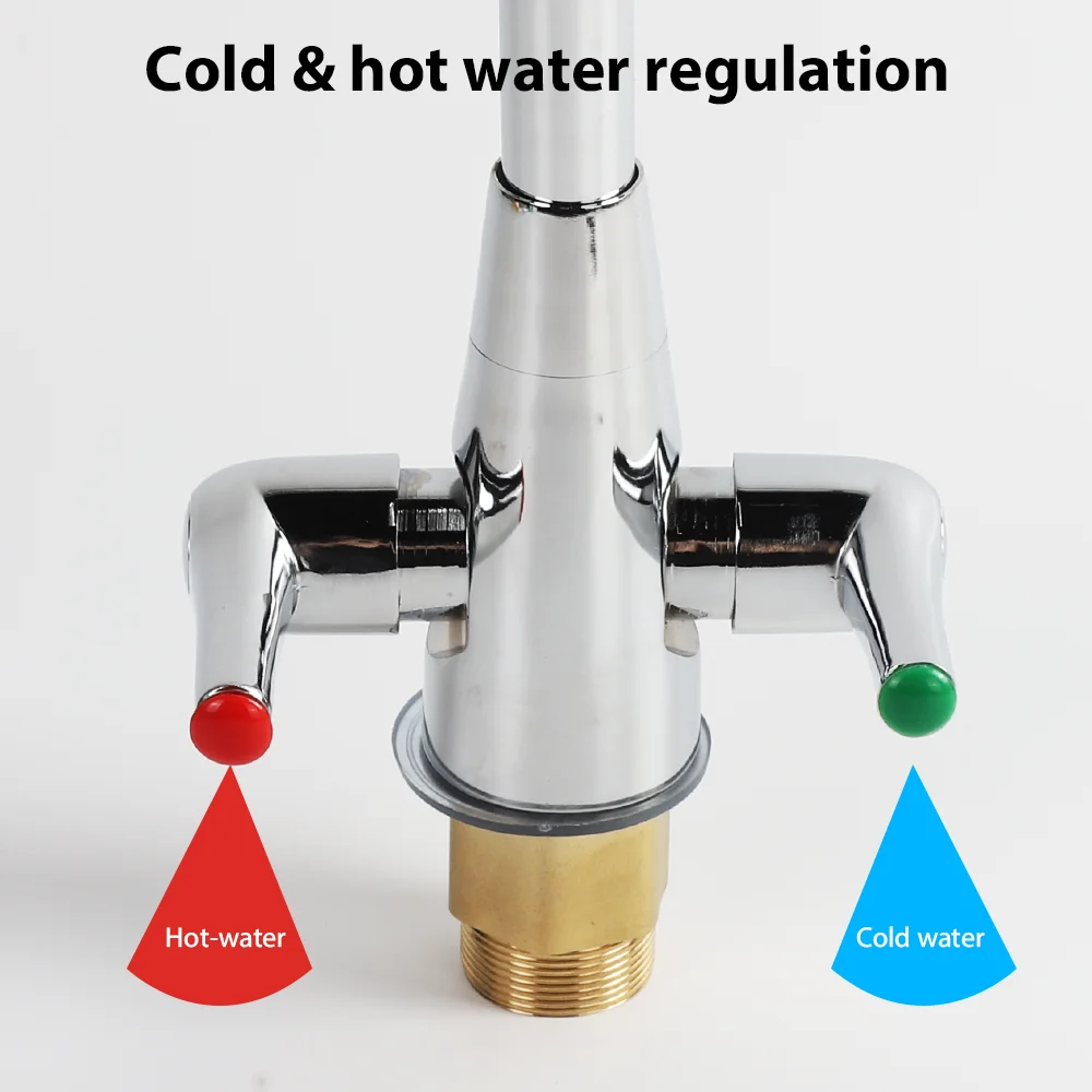 Double Lever Sink Faucet Kitchen Hot Cold Water Sink Mixer Tap 360° Swivel Spout Elbow Faucet Filter w/60cm water inlet hose