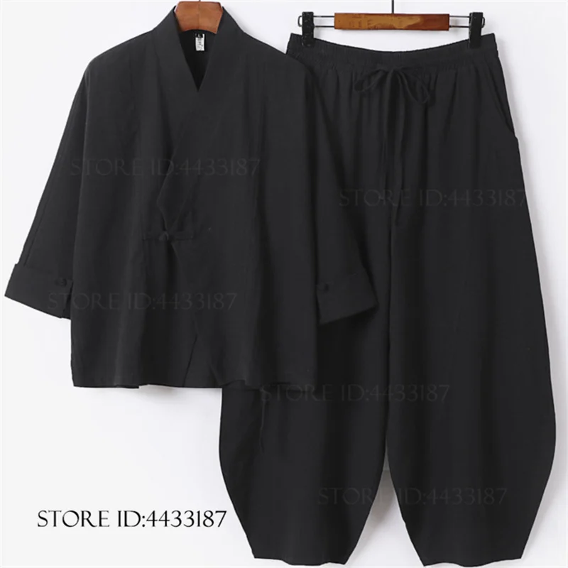 Men's Kimono Cardigan Yukata Haori Set Harajuku Samurai Cosplay Costume Cotton Linen Hanfu Suit Streetwear Oversize 3XL-9XL