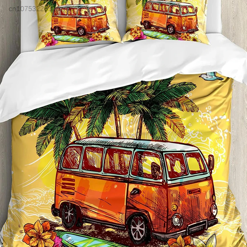 Surf Bedding Set For Bedroom Bed Home Hippie Classic Old Bus With Surfboard Freedom Holida Duvet Cover Quilt Cover Pillowcase