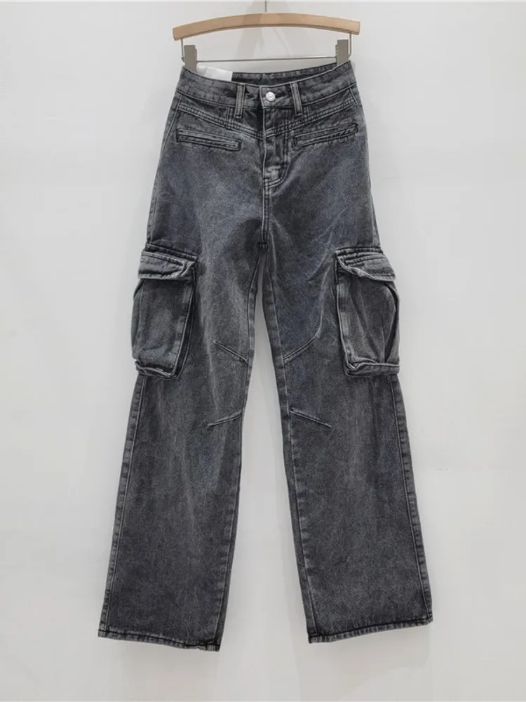 

Korean Chic High Waist Straight Leg Multi Pocket Jeans Y2K Fashion Loose Blue All Match Pant Women 2024 Spring Autumn X746