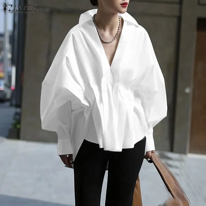 

Elegant Autumn Lapel Neck Shirts ZANZEA Women Blouse 2025 Stylish Long Sleeve Tops Solid Pleated OL Work Shirt High Low Blusas