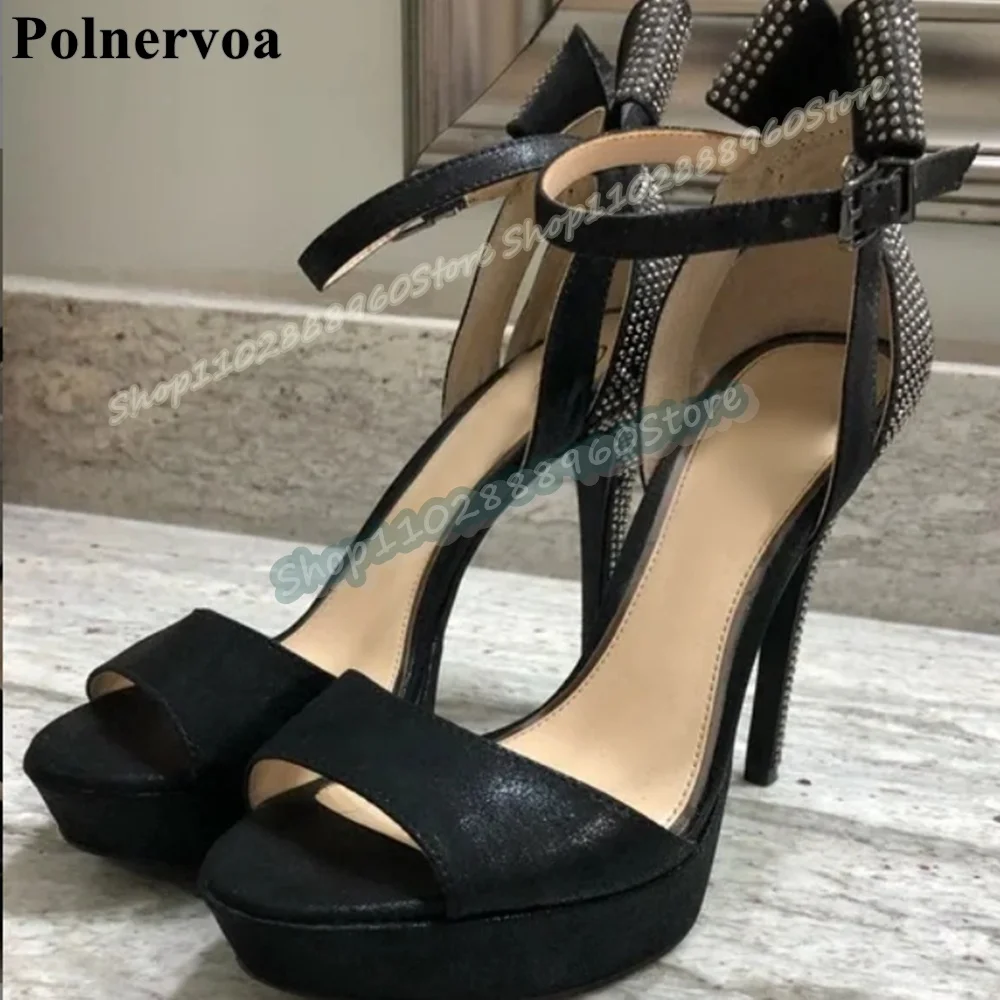 

Black Crystals Platform Bowknot Sandals Stilettos High Heel Shoes For Women Ankle Buckle Strap Open Toe Party Zapatos Para Mujer