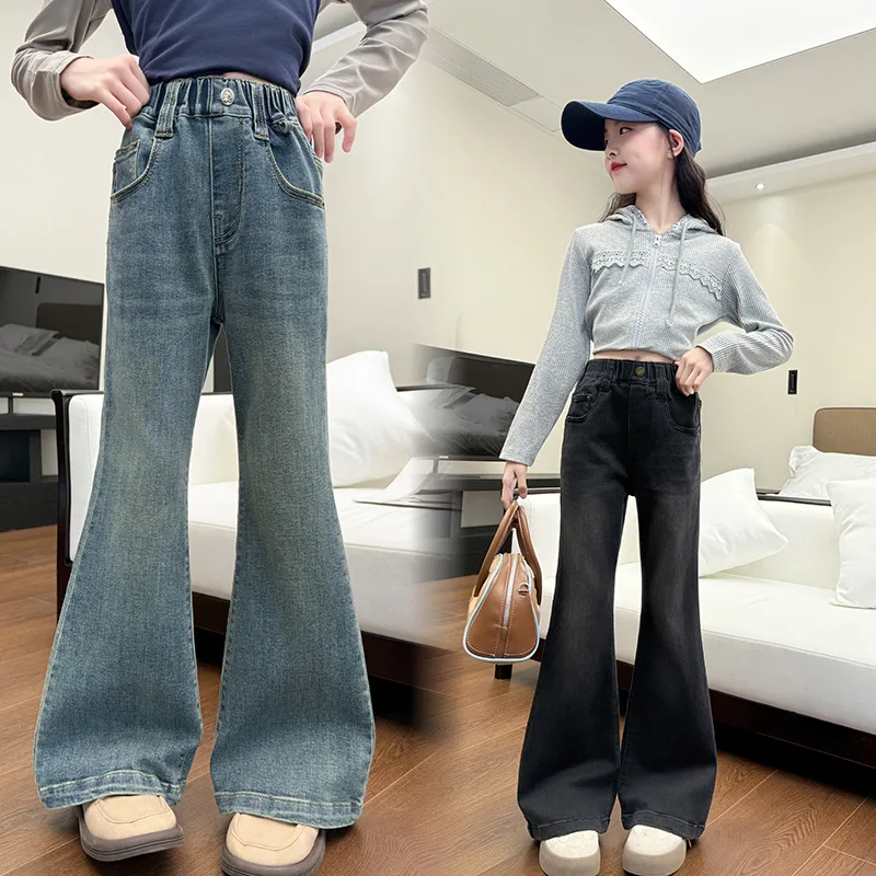 2026 Girls High Waist Streetwear Flare Jeans Female Elastic Grunge Bell Bottom Pants Kids Girls Fashion Blue Denim Trousers