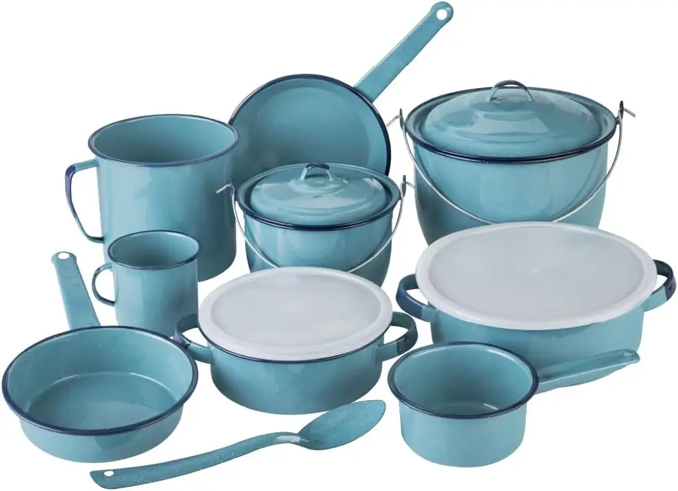 

14-Piece Enamel on Steel Cookware Set, Ideal for Gas, Electric Stoves, Ovens & Campfires – Turquoise Blue