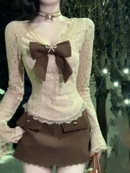 Y2k Sexy Lace New 2 Piece Set Women Korean Sweet High Street Skirts Suit Female V-neck Bow Tops + Brown Mini Skirt 2024 Winter