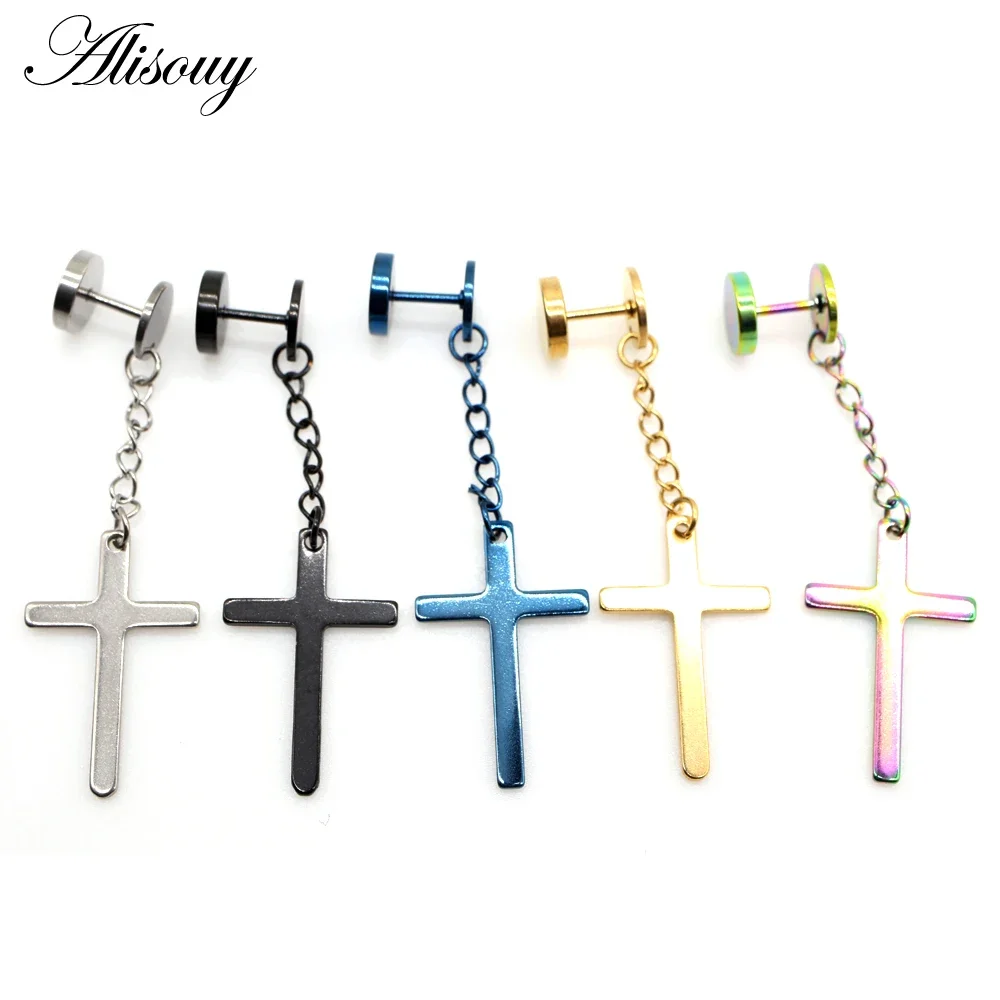 2 piezas Punk gótico de acero inoxidable pendiente con pasador Cruz redonda falsa oreja cónica mancuerna moda mujeres hombres joyería de oreja