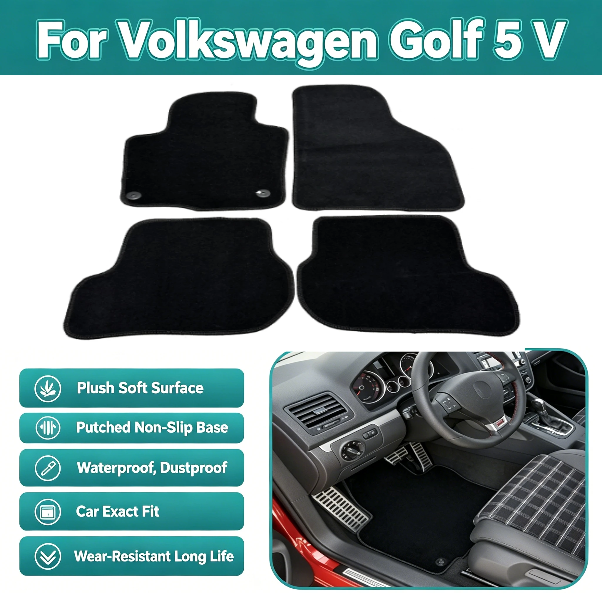 Tapis de sol en peluche avec fond perforé, résistant à l'usure et anti-poussière, ensemble complet pour Volkswagen Golf 5 V