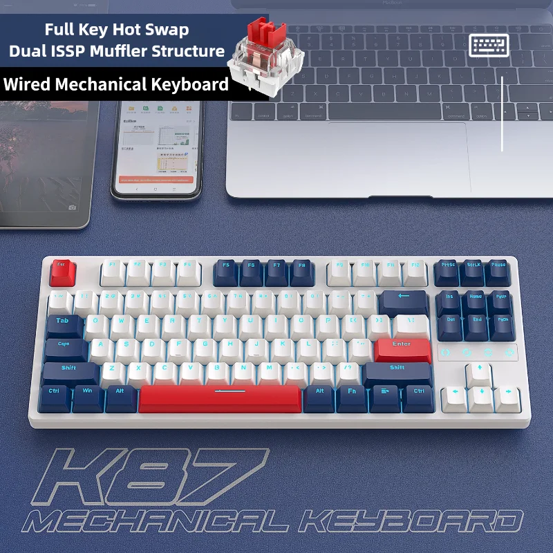 

K87 Проводная механическая клавиатура с RGB-подсветкой, 87-клавишная раскладка, игровая клавиатура с возможностью горячей замены звука для Win/Mac