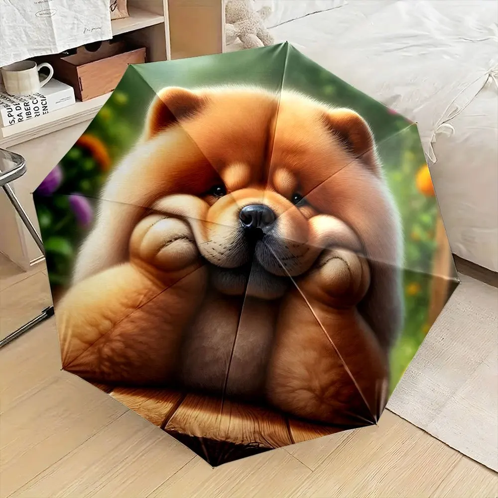 

Зонт с изображением морды собаки породы чоу-чоу - автоматическое открытие/закрытие, компактный складной зонт с 8 спицами и пушистым портретом чоу-чоу, милый коричневый цвет