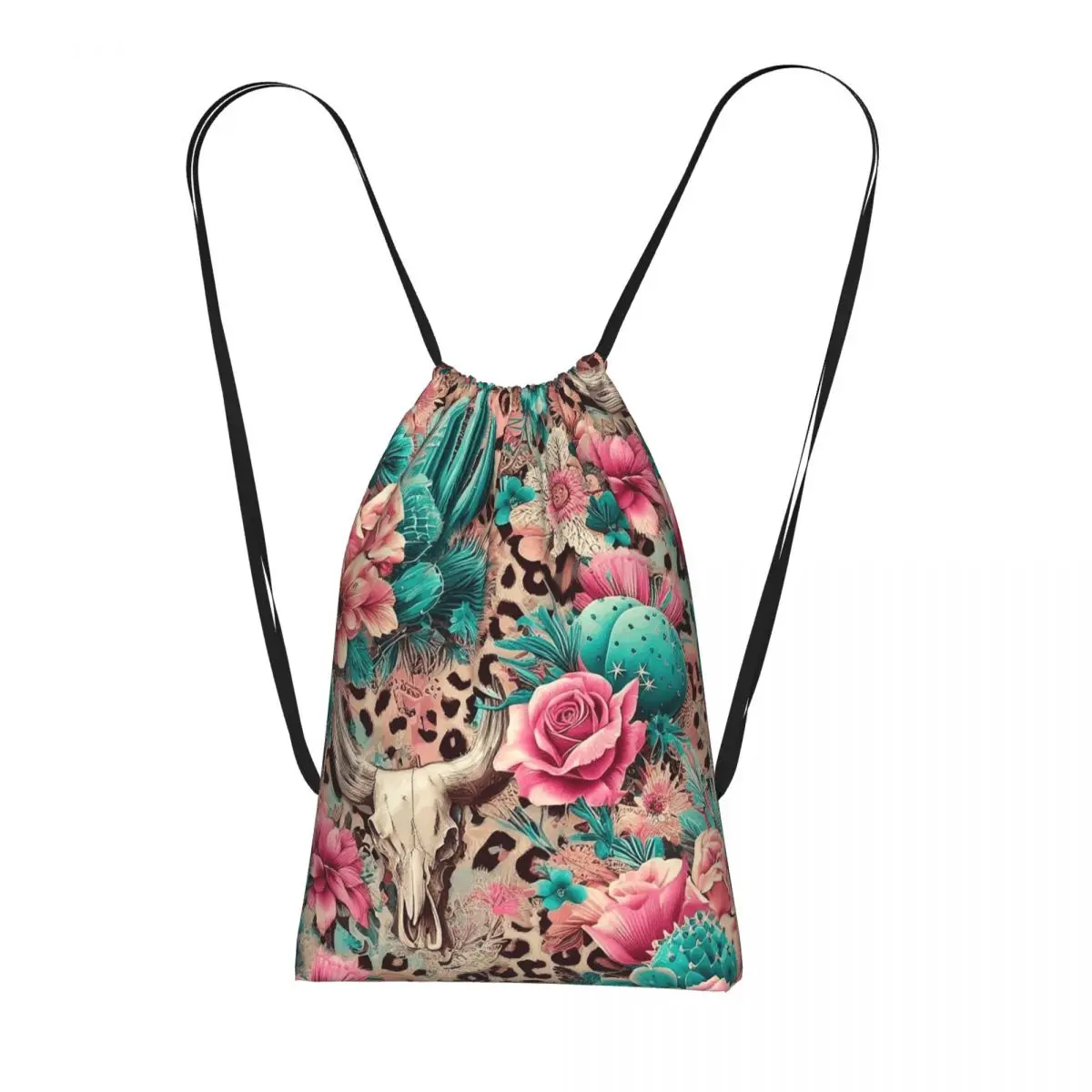 Western Cowboy Cactus Cow Head Floral Backpacks Portable Drawstring Bags Sundries Bag Book Bags for Man Woman School