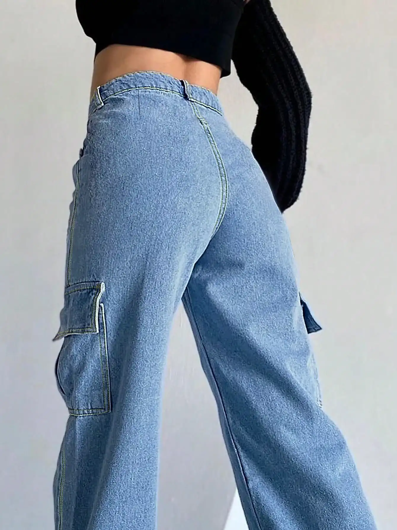 Women's High  Waisted Wide  Leg Cargo Jeans 2025 Trendy Contrast Stitch Button  Front Non  Ripped Denim Fabric Full  Length Pant