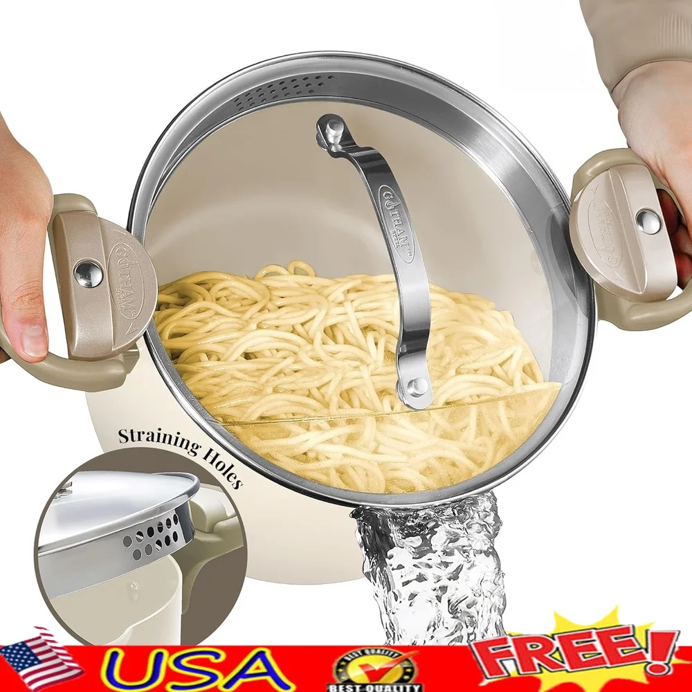 

5 Quart Nonstick Ceramic Stock Pot with Glass Lid Strainer Twist Lock Handles Ideal Soups Pasta Stews Easy Cleanup