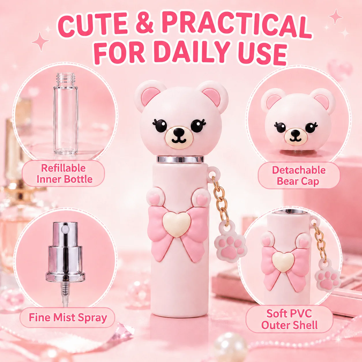Cute Bow-Knot Teddy Bear Mini Refillable Perfume Spray Bottle, with Paw Print Pendant Keychain, Portable Travel Fine Mist Sprayer, Detachable Teddy Bear Cap Fragrance Container, Girly Pastel Fragrance Sprayer, Cute Gift for Girls and Women view 5