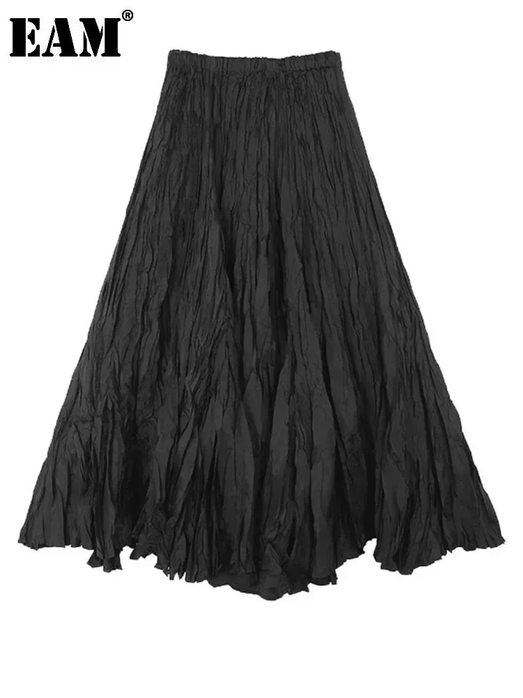 

[EAM] Women Black Pleated Big Hem Half-body Skirt High Elastic Waist Loose Casual Fashion Tide New Spring Summer 2024 1DF9324