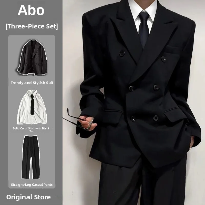 

Мужской двубортный костюм Bla: школьная форма, студенческий наряд, деловой костюм-двойка, приталенный крой, полиэстер