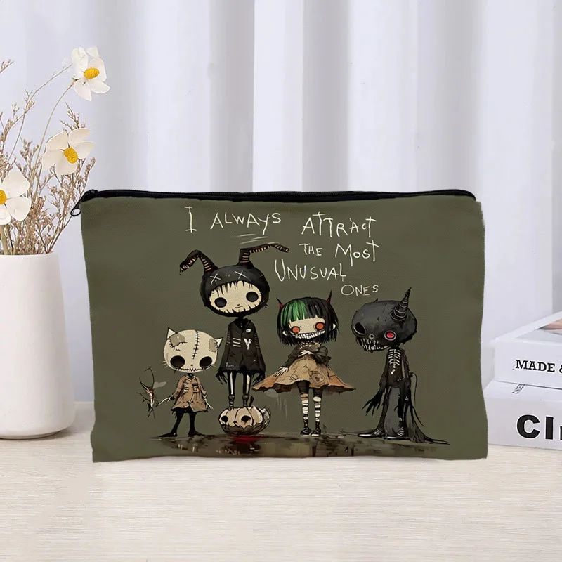 Gothic Dark Doll Cosmetic Bag Horror Cartoon Character Print Zipper Makeup Pouch Women Travel Toiletry Storage Organizer