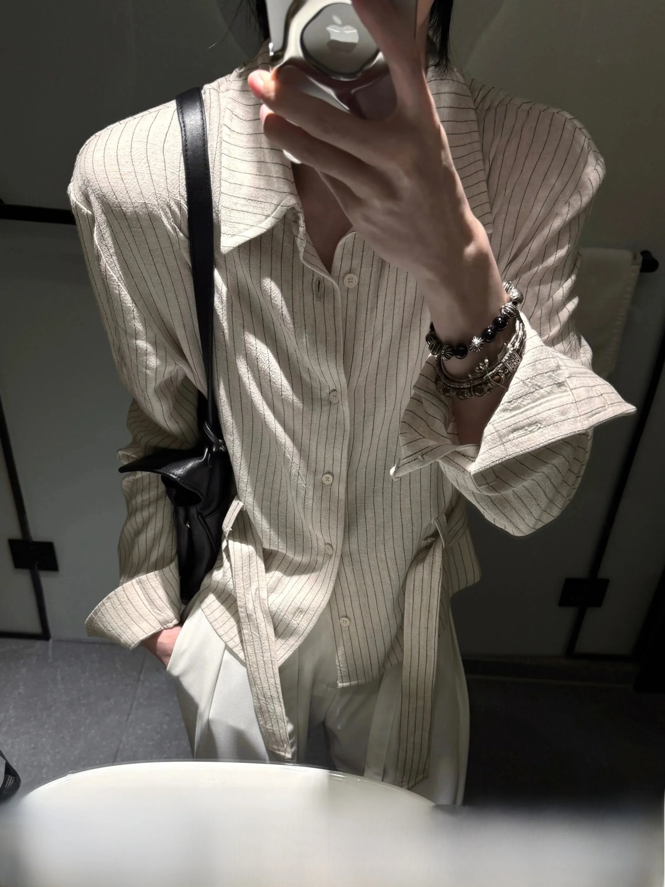 Elegant Slim Fit Linen Shirt Men's Short Top with Tie Bow Stripe Pattern Anti-Wrinkle Long Sleeve Business Casual Shirt