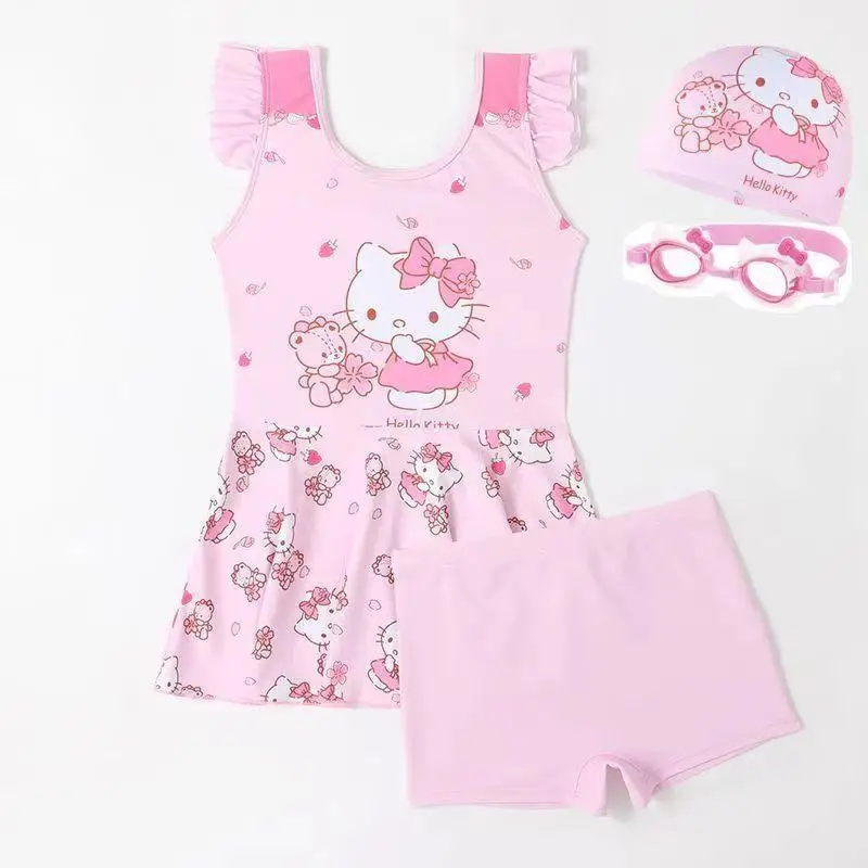 

Sanrio детский купальник Hellokitty мультфильм милый летний Zhongda Tong для девочек на открытом воздухе плавание приморский солнцезащитный крем комплект из двух предметов купальники