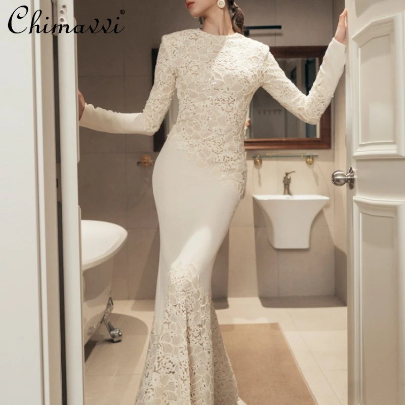 

French Retro Elegant Fishtail Evening Maxi Dress Lace Embroidery Sequins Round Neck Long Sleeve High Waist Bodycon Dress Women