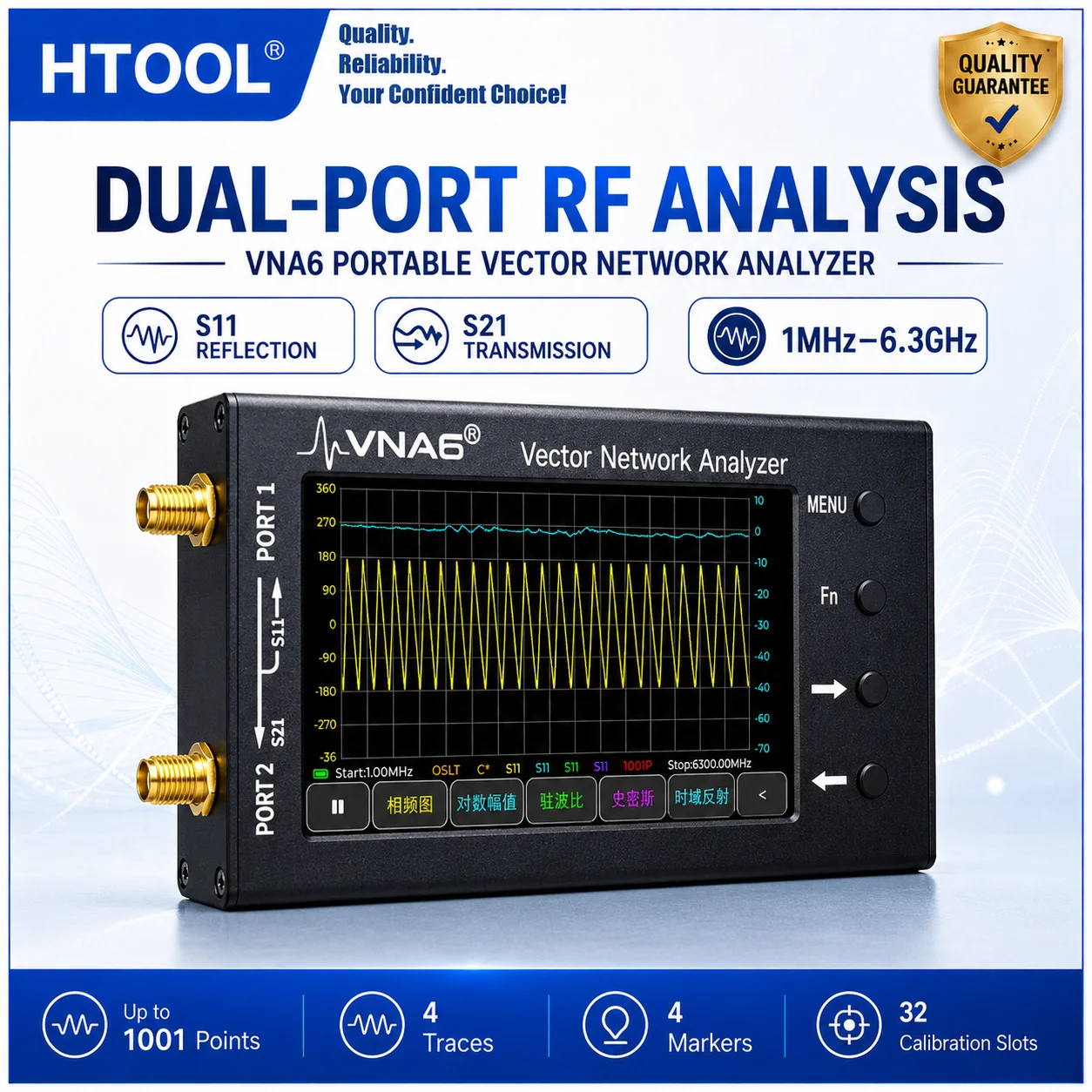 RF Component Network Analyzer VNA6 6.3GHz S11 S21 Smith Chart 32 Calibration Memories Type-C Touch Screen