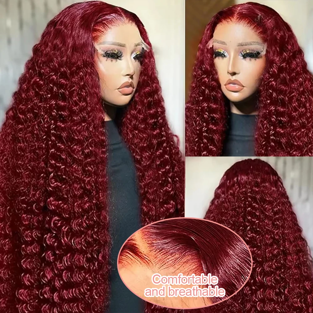 99J Borgogna 13x6 Hd Anteriore Del Merletto Parrucca Dei Capelli Umani 36 40 Pollici di Colore Rosso 13x4 Trasparente Del Merletto Ricci Onda Profonda Frontale parrucche 250%