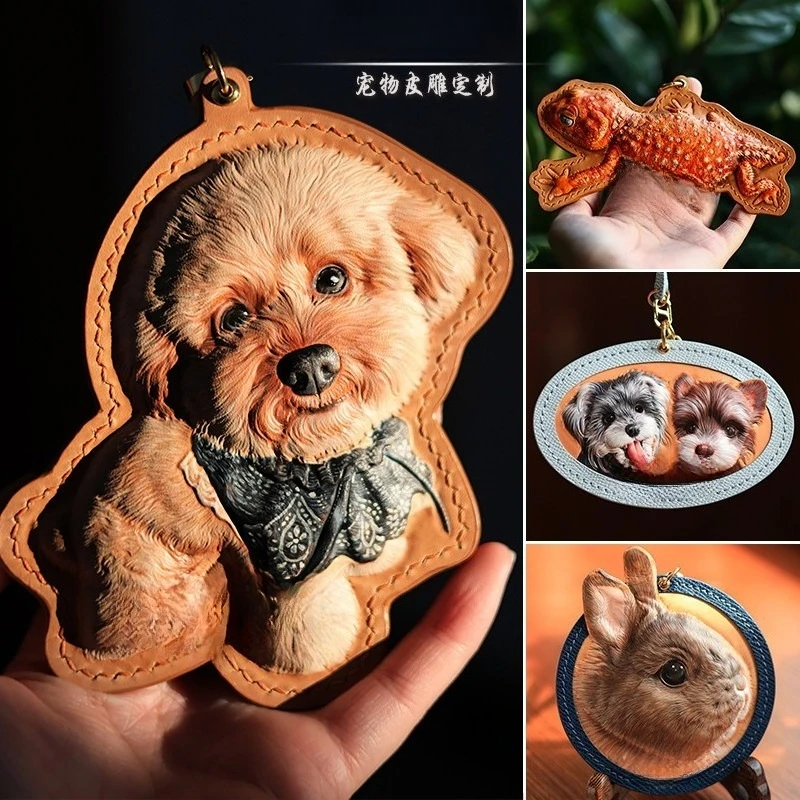 Handmade Genuine Leather Pet Keychain Tag, Custom 3D Engraved Memorial Keepsake for Dog Cat