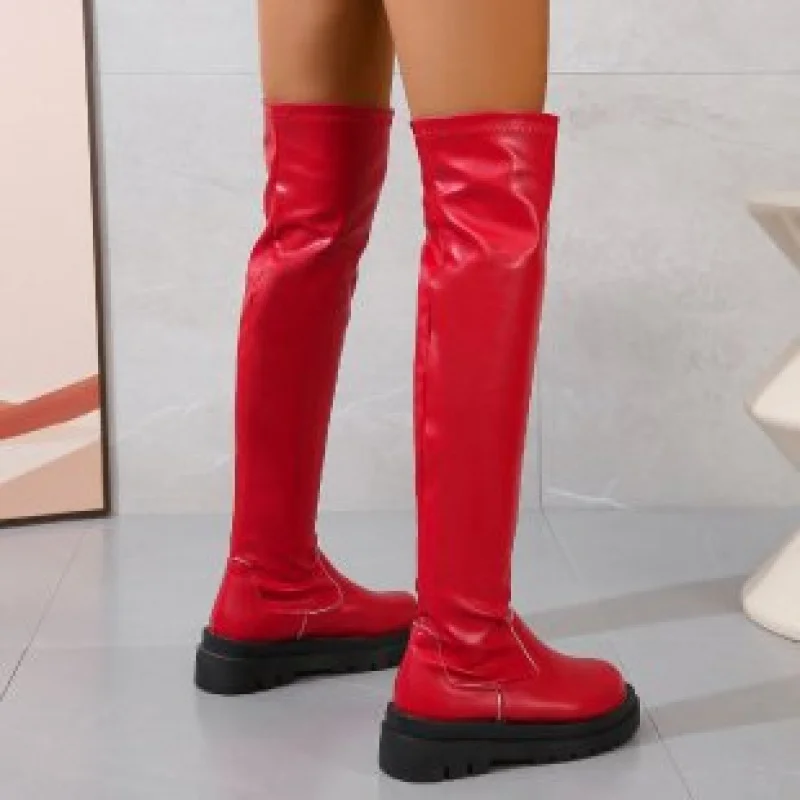 

ALarge Size Thick Sole Round Toe Wedge Solid Color Fashion Chunky Heel Over-the-Knee Long Tube European American Leather Boots