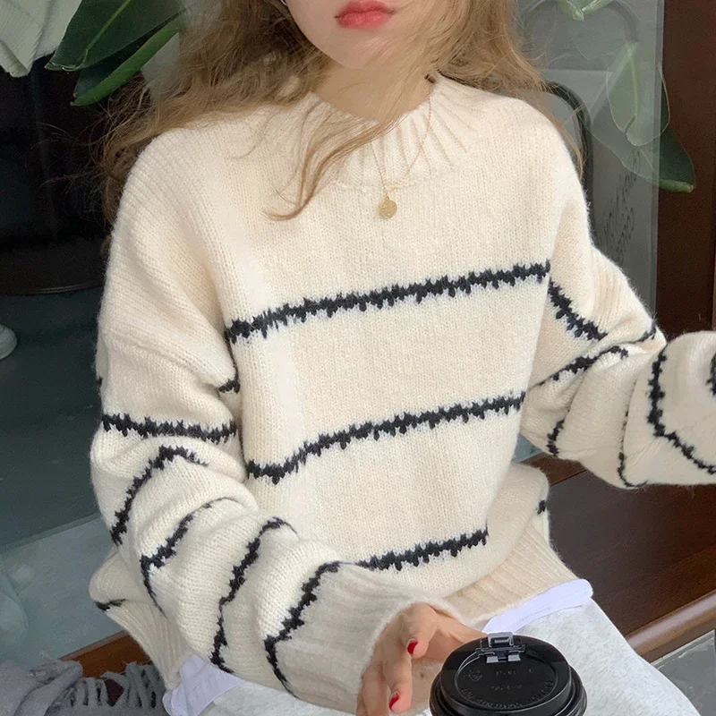 

Autumn Winter Stiped Pullover Sweater Women Knitted Shirts Long Sleeve Loose Mock Neck Outwear Casual Sweater Tops Knitwear