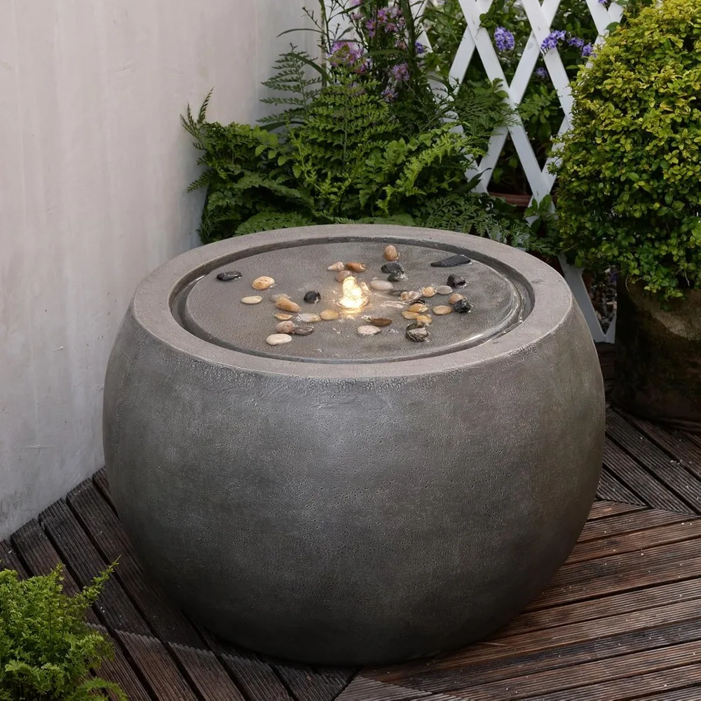 

Garden Water Fountain Outdoor Large Round Bubbler Water Feature Indoor with Lights & Pump and Pebbles Concrete Effect