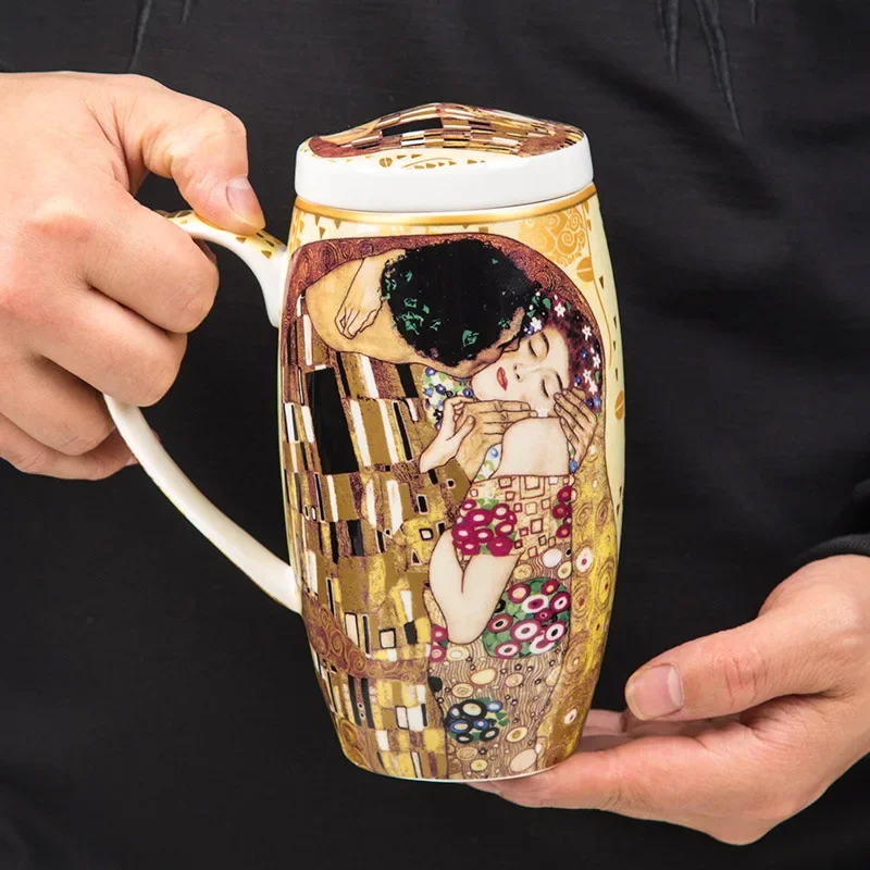 Klimt Large  Mug Oil Painting Kiss Ceramic Coffee Cup Bone China Creative Breakfast Cups with Lid Spoon Personalized Gift Box