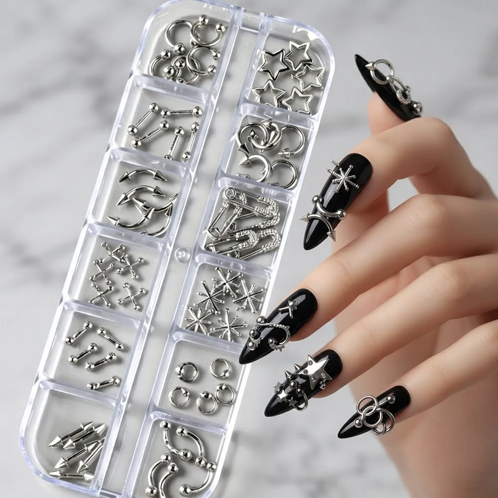 12Grids Y2K Mixed Punk Gothic Metal Nail Art Charms 3D Star Spike Cross Ring Arrow Silver Nail Studs Rivets Manicure Accessories