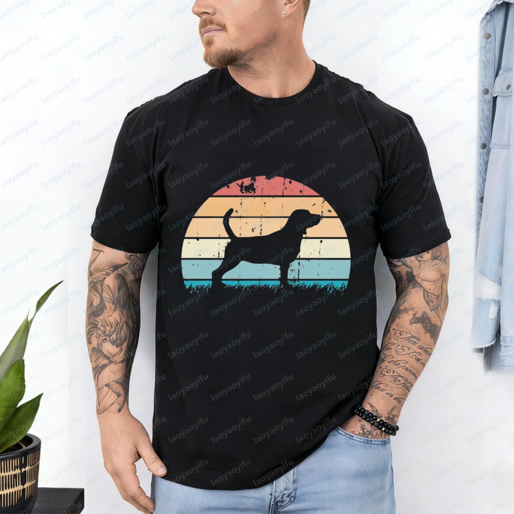 Sunset Beagle Unisex Cotton Tee Retro Dog Silhouette T-Shirt Summer Soft Breathable Daily Wear Pet Owners Vintage Men's Clothing
