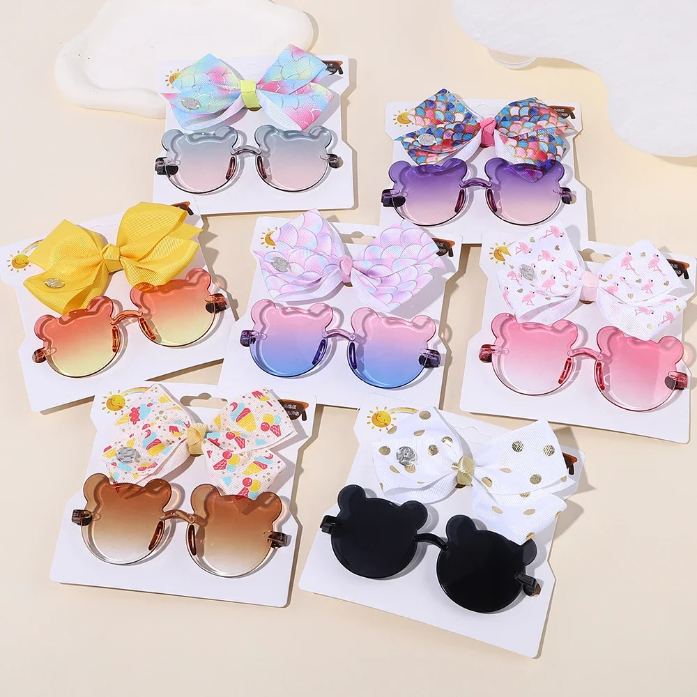 

2Pcs/Set Lovely Bowknot Hairclip Glasses Set Cute Big Bow Hairgripes for Kids Fashion Hair Band Little Bear Glasses Gift