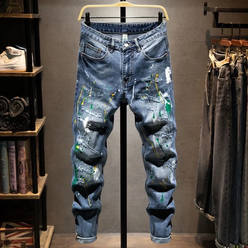 

2024 Spring and Autumn New Fashion Printed Elastic Straight Leg Shorts Men's Casual Slim Comfortable Breathable Denim Pants 36