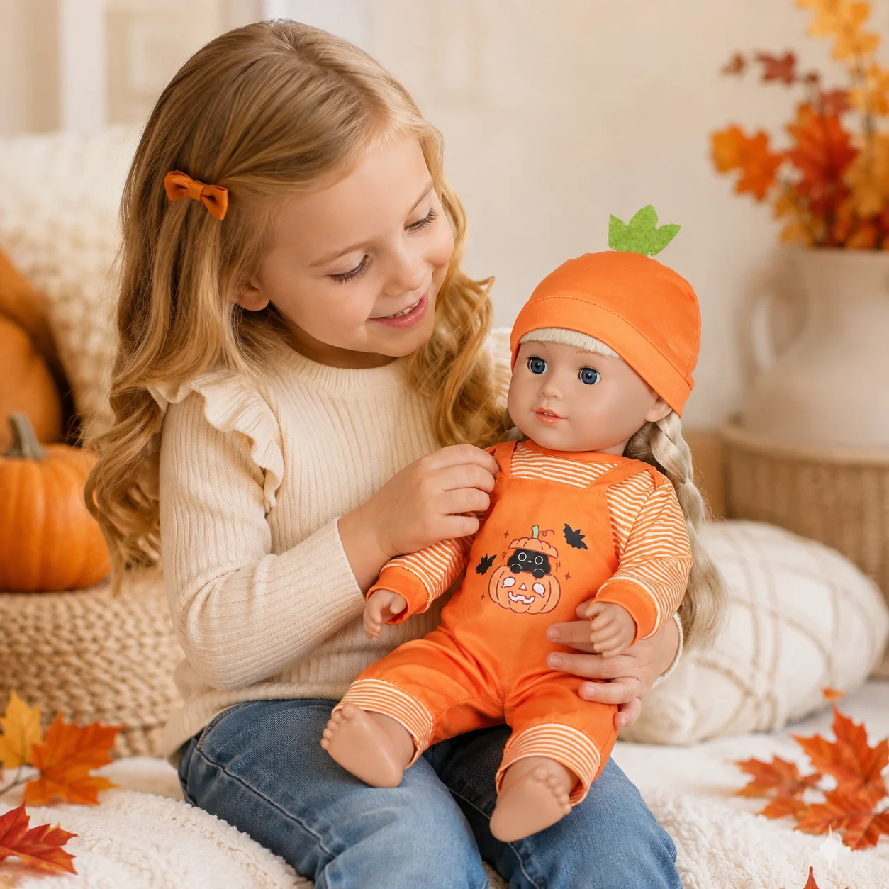 Halloween Doll Clothes 3PCS Set for 16-18 Inch Reborn Baby Doll Pumpkin Outfit Hat Top Overalls for 40-45cm Doll Toys Girls Gift - view 6