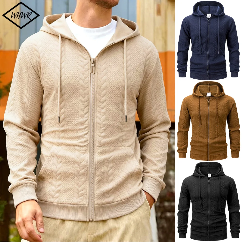

Men's Hoodies Jacket Solid Color Knit Jacquard Long Sleeve Sweatshirt Spring and Autumn Zipper Design Slim Fit Casual Coat