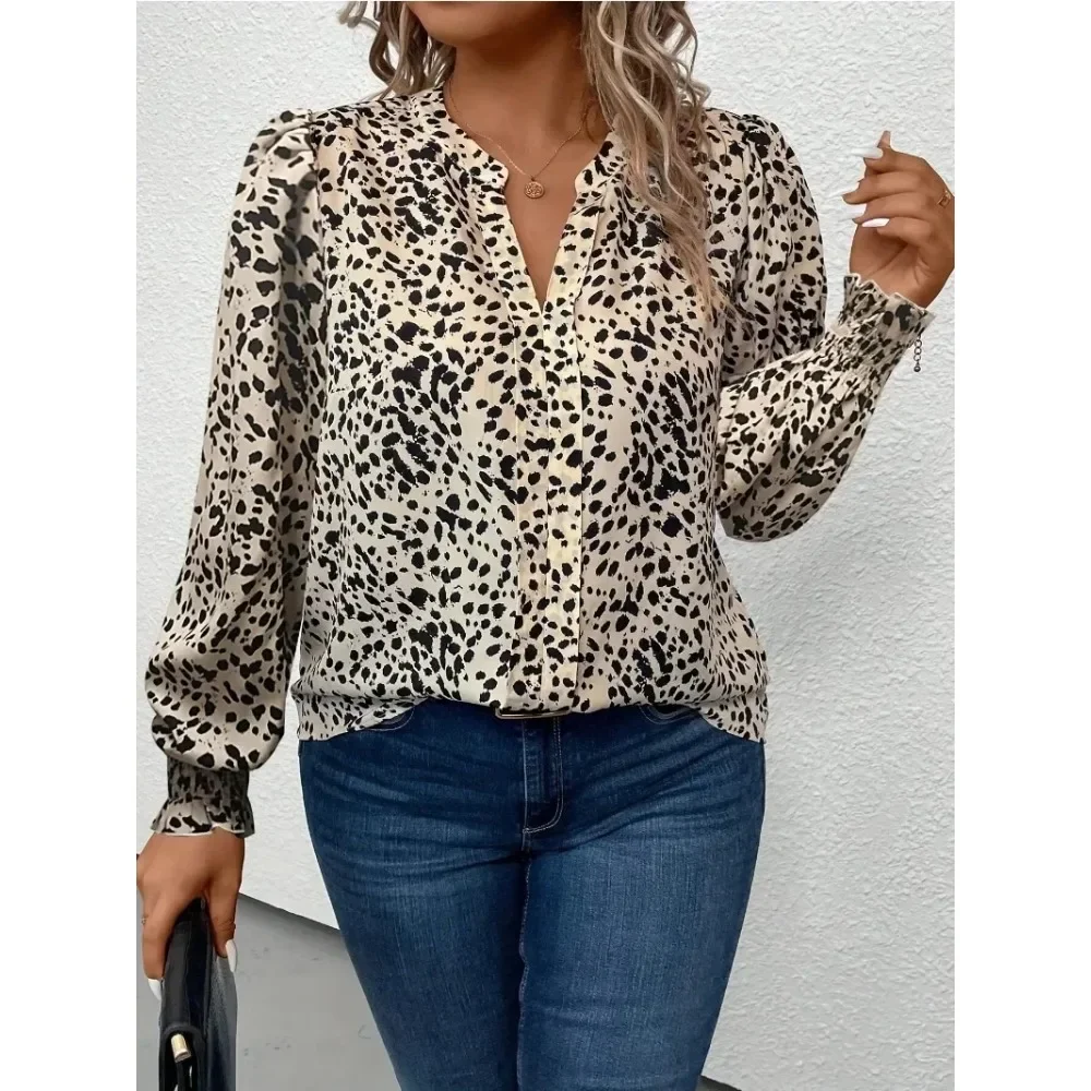 

XL-5XL Women's Plus Size Fashionable and Slimming Comfortable with Ruffled Edges V-neck Casual Lantern Sleeves Leopard Print Top