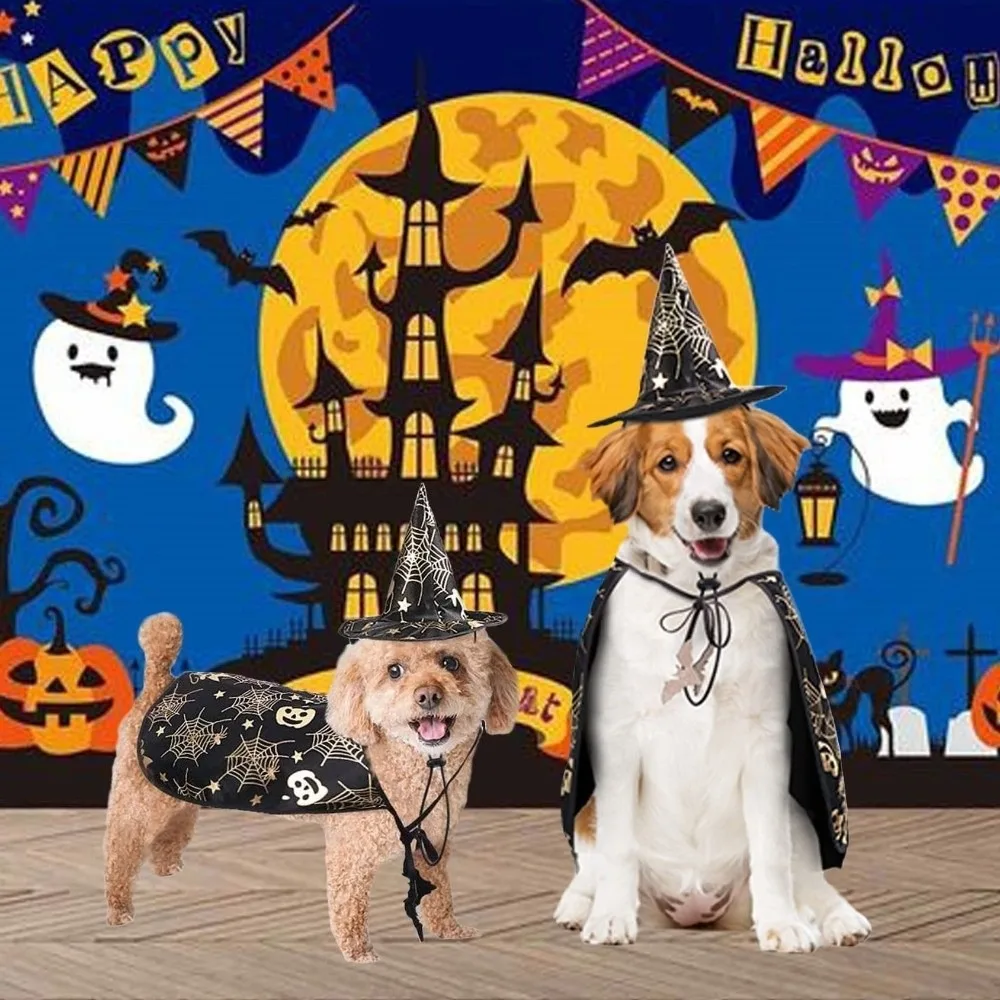 

Cool Pumpkin Pet Halloween Costumes Cape Bat Soft Halloween Dog Cloak Hat Adjustable Black Cats Cosplay Clothes Dogs