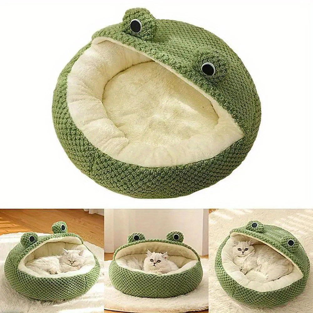 Cama para gatos semicerrada, nido pequeño y Adorable para mascotas con forma de rana para perros y gatos, cómoda y transpirable, cueva para gatos de peluche, sueño cálido para interiores