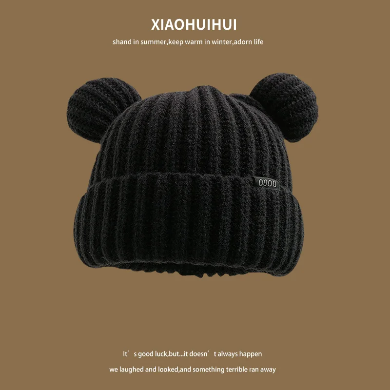 Korean Loose Big Head Waist Little Bear Ears Woolen Hat Women\'s Autumn and Winter Thickened Warm Knitted Hat Cute Ear Protection