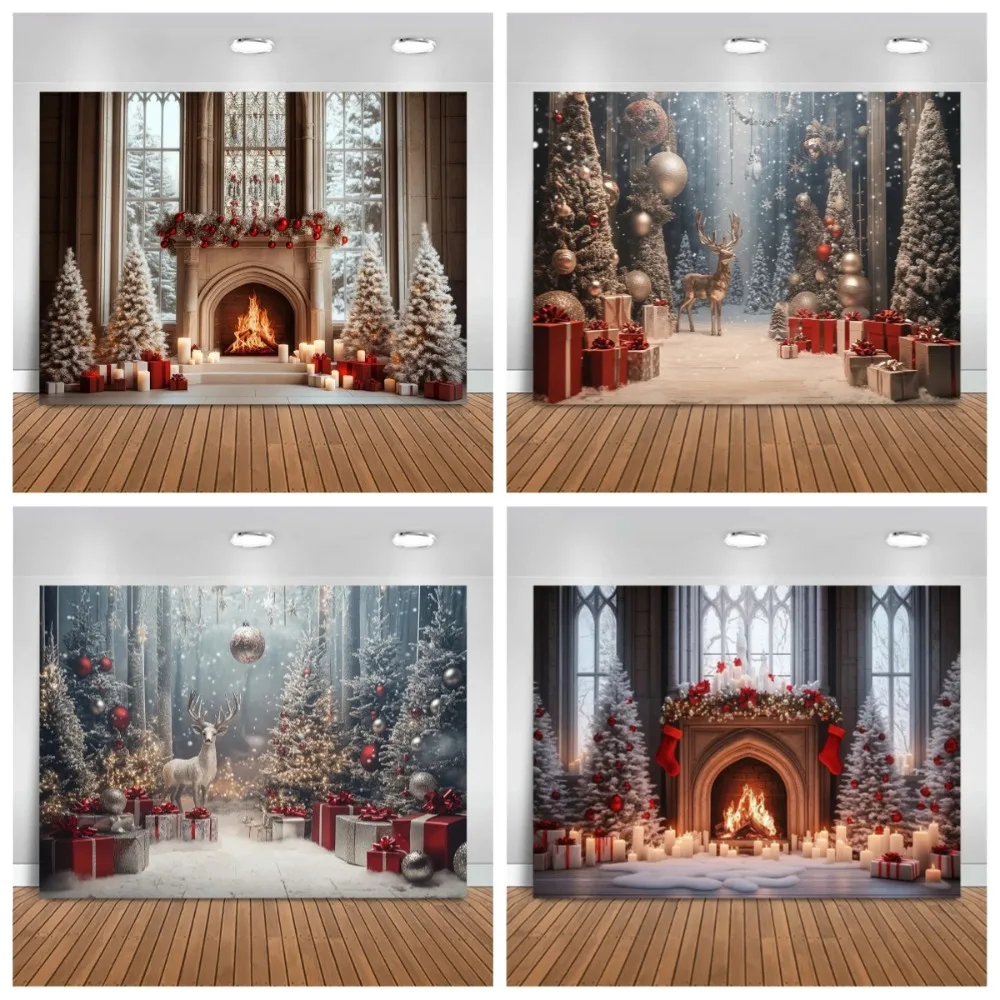 

Winter Christmas Fireplace Castle Theme Banner Photography Backdrop, Christmas Tree Festival Party Studio Photography Background